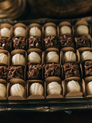 Beautiful gourmet chocolate confections on a vintage tray, perfect for dessert presentations.