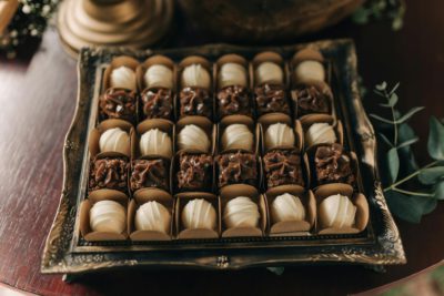 Beautiful gourmet chocolate confections on a vintage tray, perfect for dessert presentations.